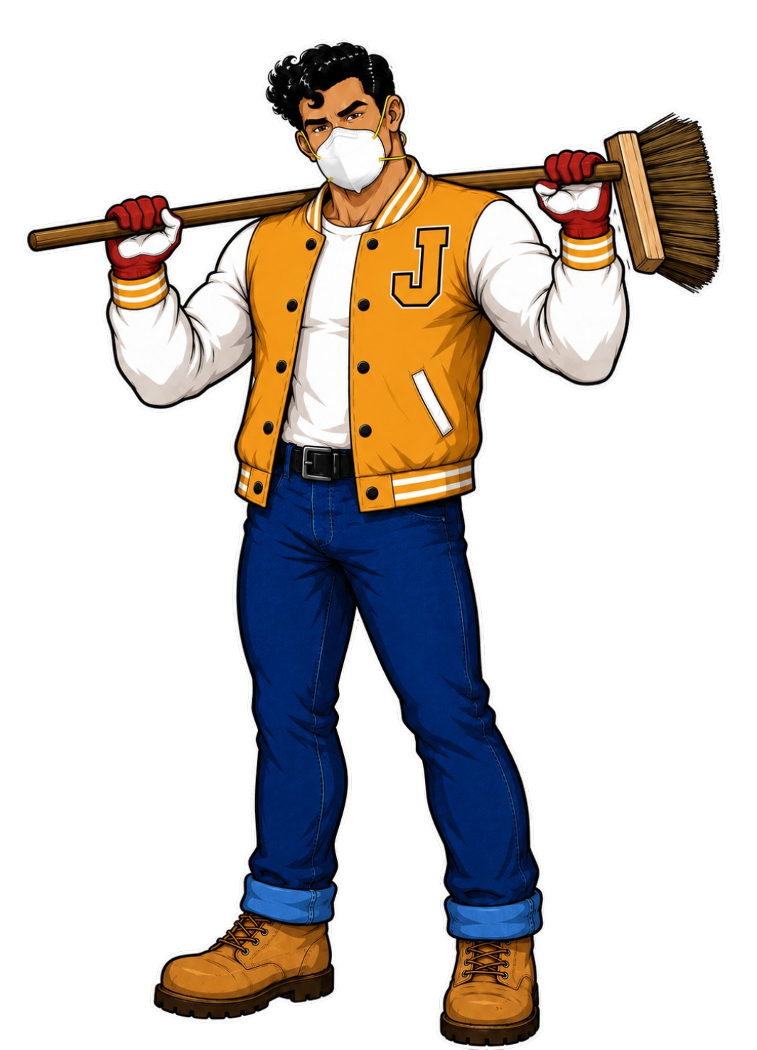 JOCKS construction cleanup mascot with broom