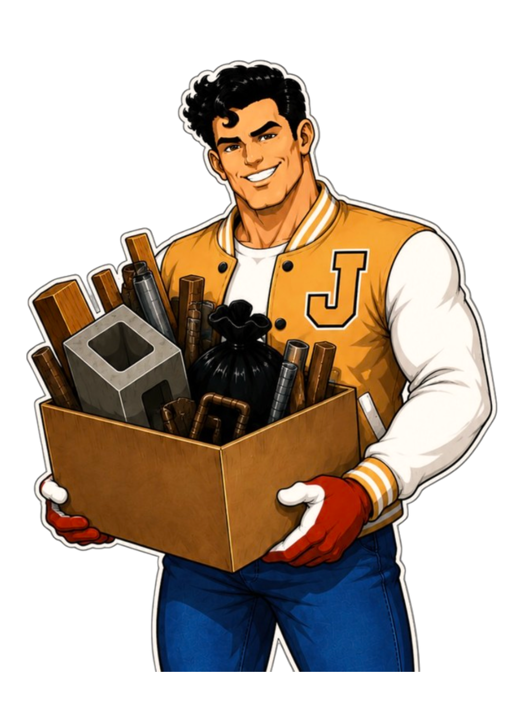 JOCKS junk removal mascot carrying a box of debris